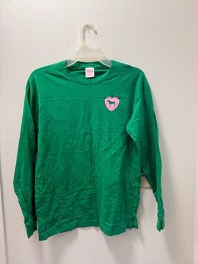 PINK Victoria's Secret Green Long-Sleeve Tee with Pink Heart Dog Logo